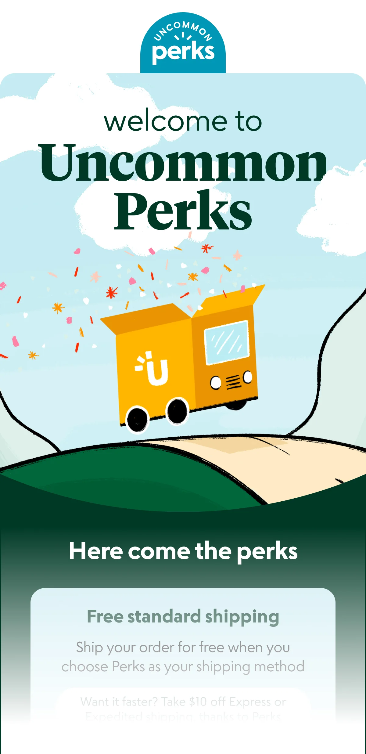 Uncommon Perks welcome email, built on the illustration system